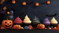Colorful Halloween cupcakes with pumpkins and decorations on a dark background Royalty Free Stock Photo