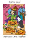 Colorful Halloween cute little witch cooks in cauldron Royalty Free Stock Photo