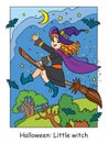 Colorful Halloween cute little witch flying on broom Royalty Free Stock Photo