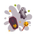 Colorful Halloween design with a coffin and a ghost. Vector illustration