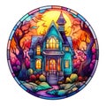 Colorful Halloween House Round Stained Glass Window Royalty Free Stock Photo