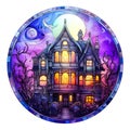 Colorful Halloween House Round Stained Glass Window Royalty Free Stock Photo