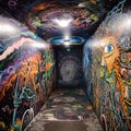 Colorful hallway covered in graffiti. Created using ai generative. Royalty Free Stock Photo