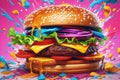 colorful hamburger with colorful splash