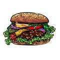 Colorful hamburger hand drawn vector illustration. Burger, big mak ink graphic line art. Isolated on white background