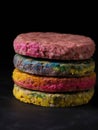 A colorful hamburger patty composed entirely of labgrown meat.. AI generation