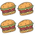 Colorful hamburger seamless pattern. Tasty fastfood repeatable print. Vector illustration on white background.