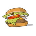 Colorful hamburger vector illustration hand drawn with black lines and shadow isolated on white background