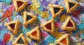 Colorful Hamentaschen cookies on a festive Purim background Royalty Free Stock Photo