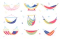 Colorful hammocks. Cartoon doodle devices for rest and sleep, summer recumbent outdoor recreation, hanging fabric