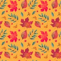 Colorful autumn leaves on orange background. Thanksgiving seamless pattern, fall textures