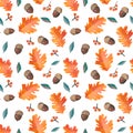 Hand dawn autumn leaves on white background. Thanksgiving seamless pattern, fall textures