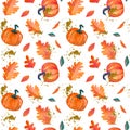Colorful autumn leaves with pumpkin on white background. Thanksgiving seamless pattern, fall textures