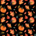 Colorful hand dawn autumn leaves with pumpkin on dark background. Thanksgiving seamless pattern, fall textures