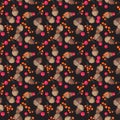 Hand dawn autumn leaves on dark background. Thanksgiving seamless pattern, fall textures