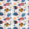 Colorful hand draw fish seamless pattern