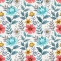Colorful hand draw flowers on white color background seamless pattern.