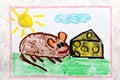 Drawing: adorable little mouse eating yellow cheese with holes