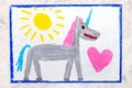 Drawing: cute gray unicorn and big pink heart Royalty Free Stock Photo