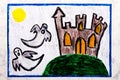 Colorful hand drawing: Old scary castle and two ghosts at night. Royalty Free Stock Photo