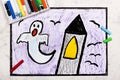 Colorful hand drawing: Old scary tower and ghost at night. Royalty Free Stock Photo