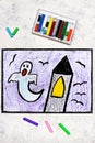 Colorful hand drawing: Old scary tower and ghost at night. Royalty Free Stock Photo