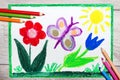 Hand drawing: Springtime, butterfly and cute flowers. Royalty Free Stock Photo