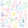 Colorful Hand Drawings of Summer Vacancies Symbols. Doodle Boats, Ice cream, Palms, Hat, Umbrella, Jellyfish, Cocktail, Sun and Ki