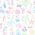 Colorful Hand Drawings of Summer Vacancies Symbols. Doodle Boats, Ice cream, Palms, Hat, Umbrella, Jellyfish, Cocktail, Sun.