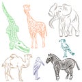 Colorful Hand Drawn African Animals and Birds. Doodle Drawings of Elephant, Zebra, Giraffe, Camel, Marabou and Secretary-bird.