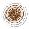 Colorful hand-drawn autumn mood sticker with a cup of coffee and lettering Royalty Free Stock Photo