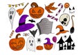 Colorful hand drawn collection of a different elements of Halloween holiday