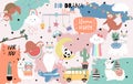 Colorful hand drawn cute card with llama, rainbow,unicorn,sloth,cloud,van,airplane