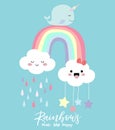 Colorful hand drawn cute card with rainbow,narwhale,cloud