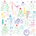 Colorful Hand Drawn Cute Christmas Sketch Set. Children Drawings of Snowman, Fir Trees, Candle, Toys, Angel, Stars