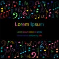 Colorful Hand Drawn Different Music Symbols. Doodle Treble Clef, Bass Clef, Notes and Lyre on Black. Template with Place for Tex