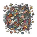 Colorful hand-drawn doodle artwork featuring various whimsical elements such as Royalty Free Stock Photo