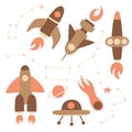 Colorful hand drawn doodles cartoon set of rockets and Space objects. Constellations Cassiopeia, Ursa Major, Cancer, Ursa Minor Royalty Free Stock Photo