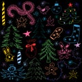 Colorful Hand Drawn Funny Doodle Christmas Symbols Set. Children Drawings of Fir Trees, Gift, Candle, Toys, Angel, Stars