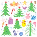 Colorful Hand Drawn Funny Doodle Fir Trees and Christmas Symbols. Children Drawings of Gifts, Toys, Angel, Stars and Snowflakes