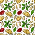 Colorful Hand drawn ginseng seamless pattern. Vector illustration in sketch style. Medicinal plant background. Botany design Royalty Free Stock Photo