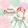 Colorful hand drawn Happy Diwali with female children and burning diya illustration. Vintage elegant festival of lights vector eps Royalty Free Stock Photo