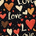 Colorful hand-drawn hearts and the word \'Love\' create a whimsical pattern on a dark background Royalty Free Stock Photo