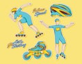 Colorful hand drawn inline speed skating with roller skate stickers collection