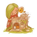 Colorful hand drawn little fairy watering mushrooms on a small stump house with fairy character. Illustration of pretty