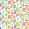 Colorful Hand Drawn Numbers with math symbols seamless pattern on white background