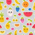 Colorful hand drawn seamless pattern with summer tropical fruit and berries. Cute stickers for your design. Healthy food. Kawaii