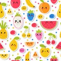 Colorful hand drawn seamless pattern with tropical summer fruit and berries. Cute stickers for your design. Kawaii style. Healthy Royalty Free Stock Photo