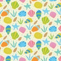 colorful hand drawn seashells and starfish, stones, sea plants and little bubbles seamless pattern