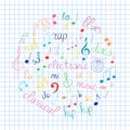 Colorful Hand Drawn Set of Music Symbols. Doodle Treble Clef, Bass Clef, Notes and Music Styles Arranged in a Circle on Sheet. Royalty Free Stock Photo